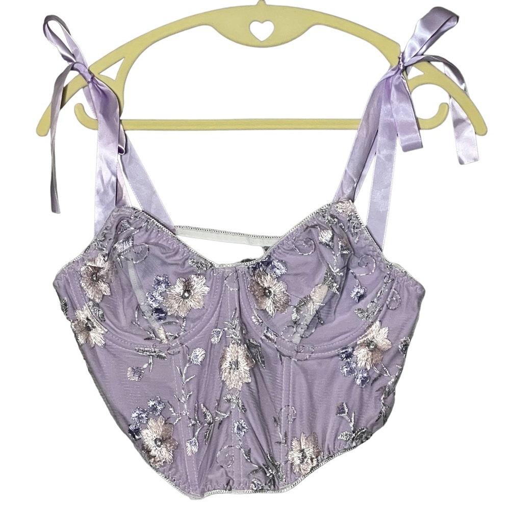 Romwe Women’s Lavender Floral Embroidery Stitch Self-tie Cami Crop Corset